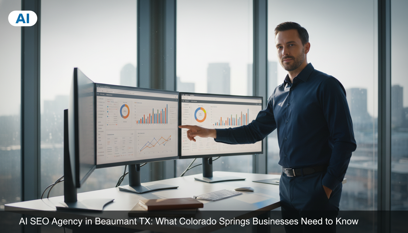AI SEO strategist analyzing analytics dashboards at modern office desk, Beaumont