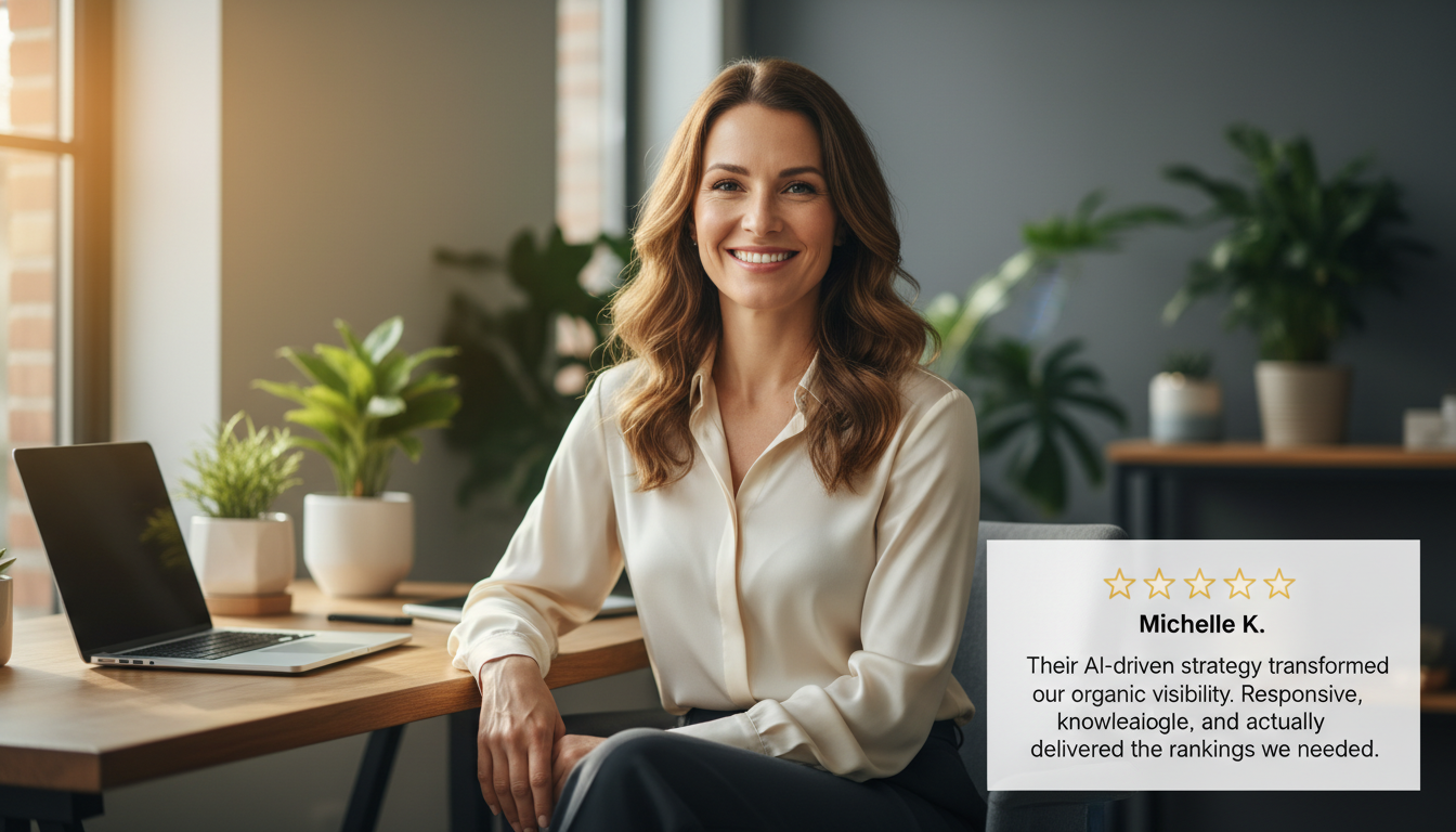 Client testimonial from Michelle K. with 5-star rating praising AI SEO strategy results, Colorado Springs