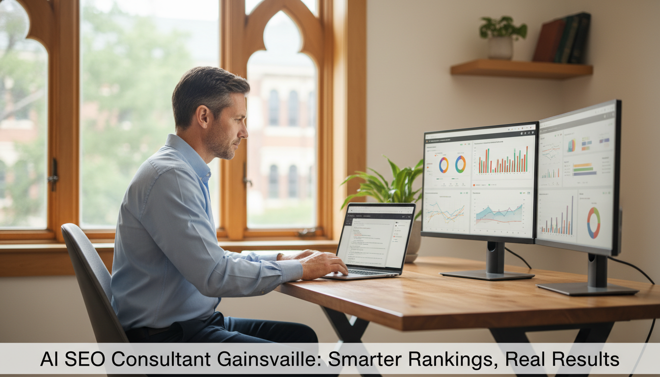 AI SEO consultant analyzing data at modern office desk with laptop and dual monitors, Gainesville, FL