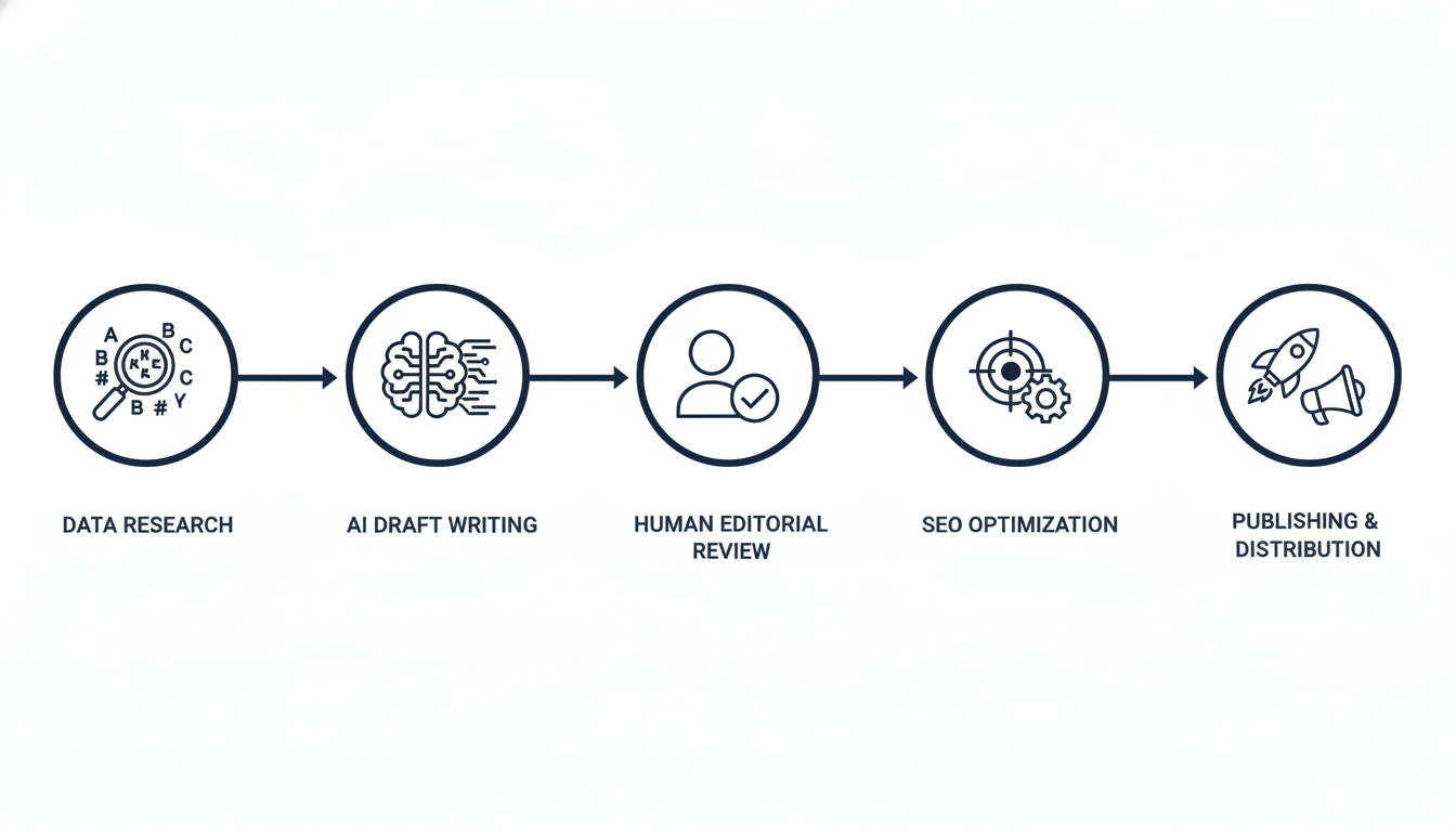 Five-step AI content marketing process flow: Research, Draft, Review, Optimize, Publish: Content marketing Colorado Springs