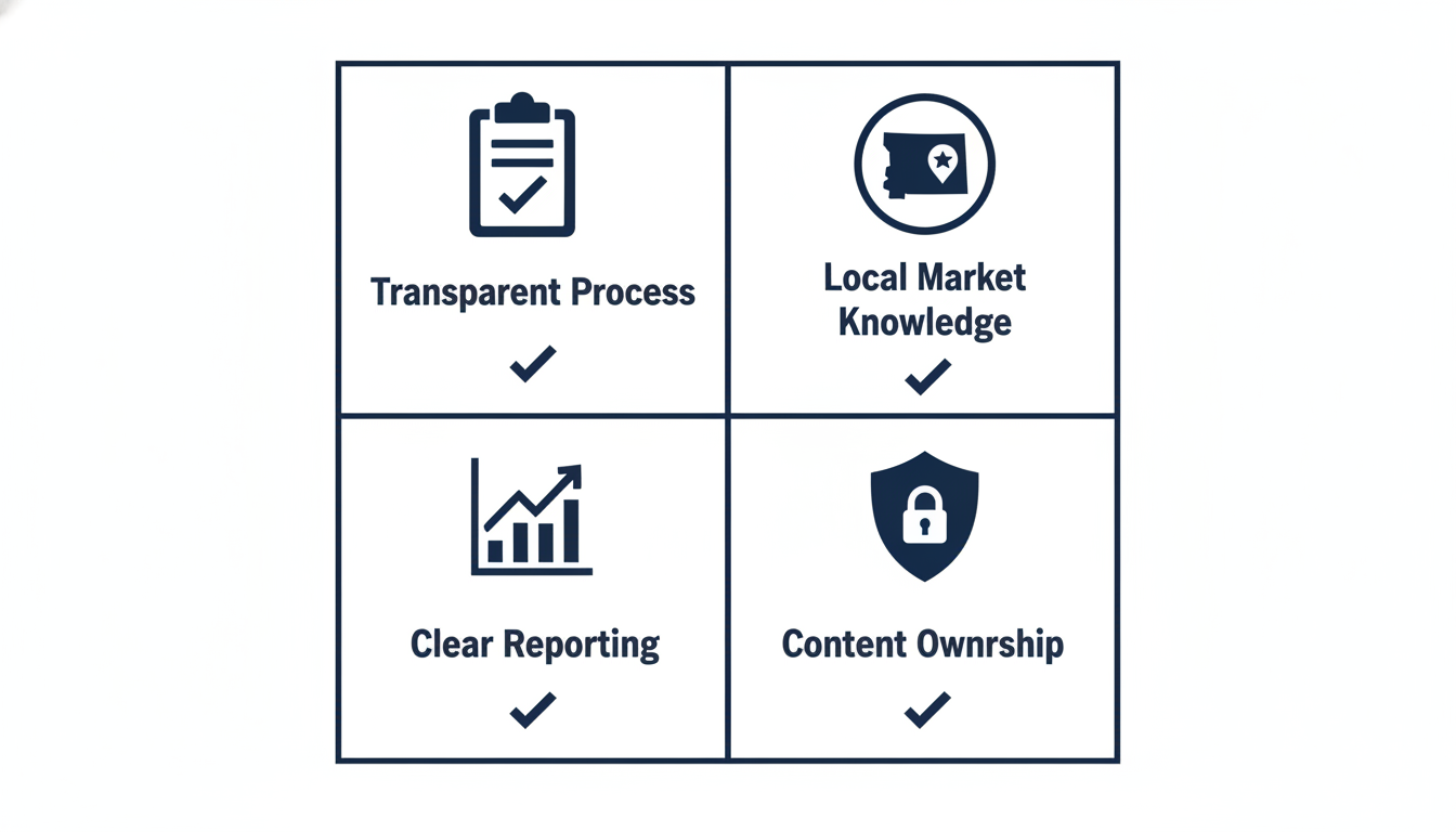 Four essential criteria checklist: transparency, local knowledge, clear reporting, content ownership: Content marketing Colorado Springs