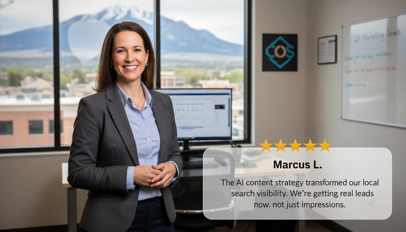 Five-star customer testimonial from Marcus L. about AI content marketing success and local search visibility: Content marketing Colorado Springs