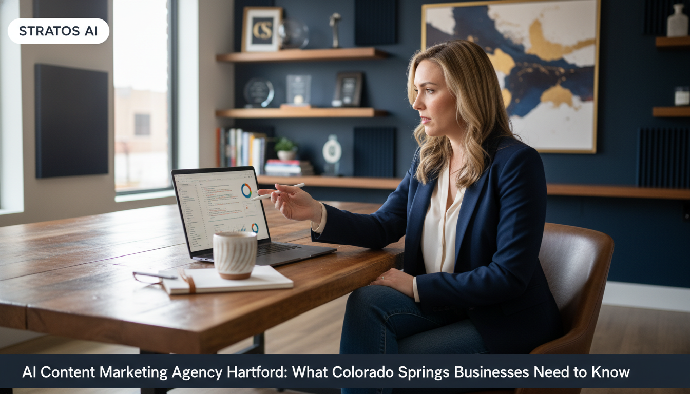 Colorado Springs marketing strategist and business owner reviewing AI content strategy on laptop in modern office: AI content marketing Colorado Springs