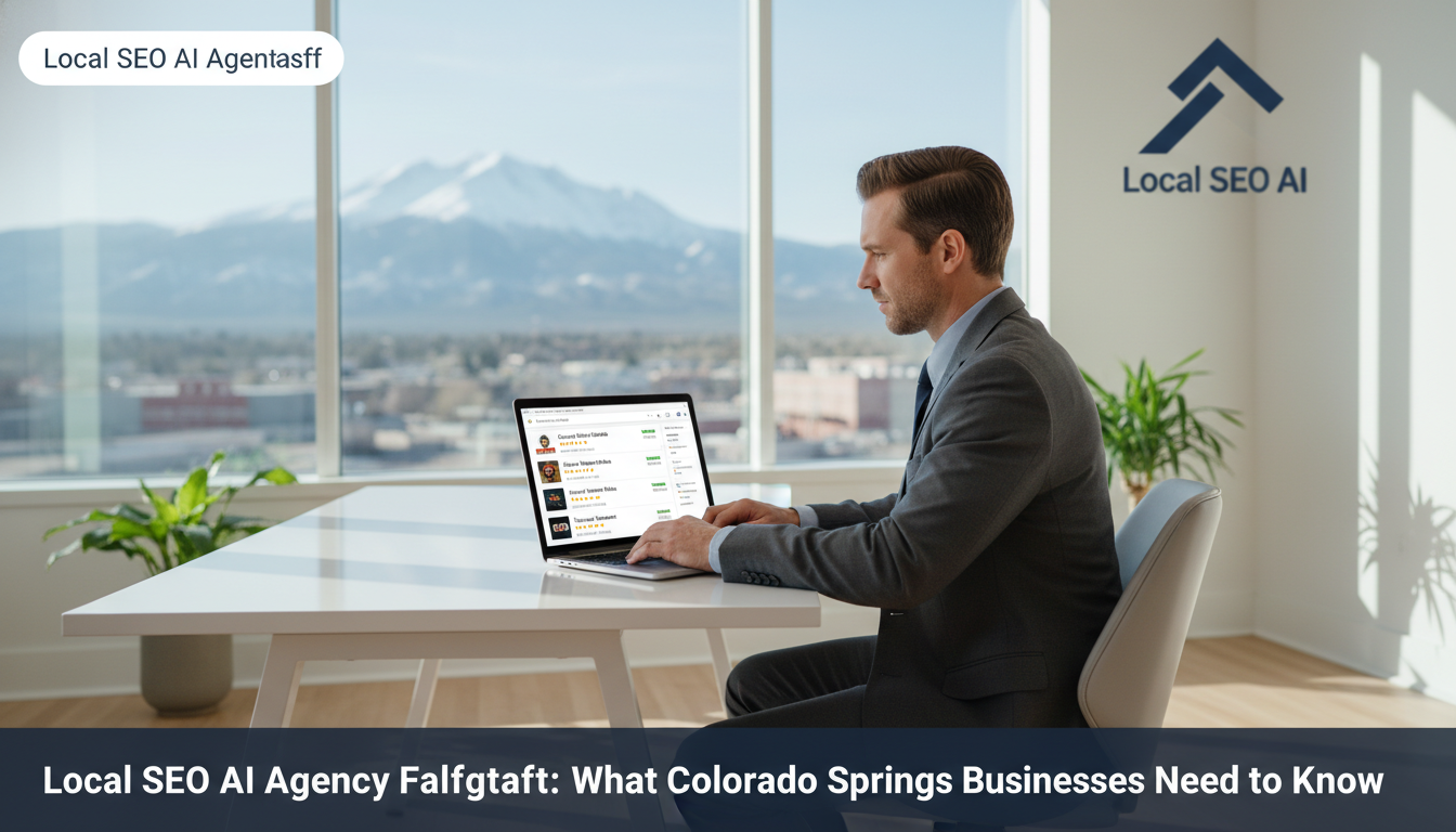 Business owner at modern office desk with laptop showing Google local search rankings, Flagstaff local SEO