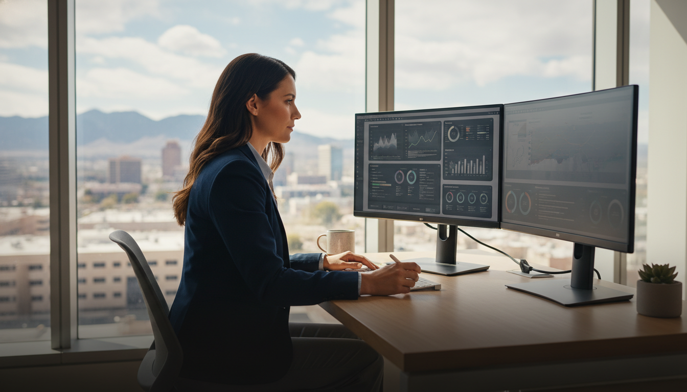 Professional female marketing strategist reviewing AI analytics dashboard in modern office with Fayetteville skyline view.
