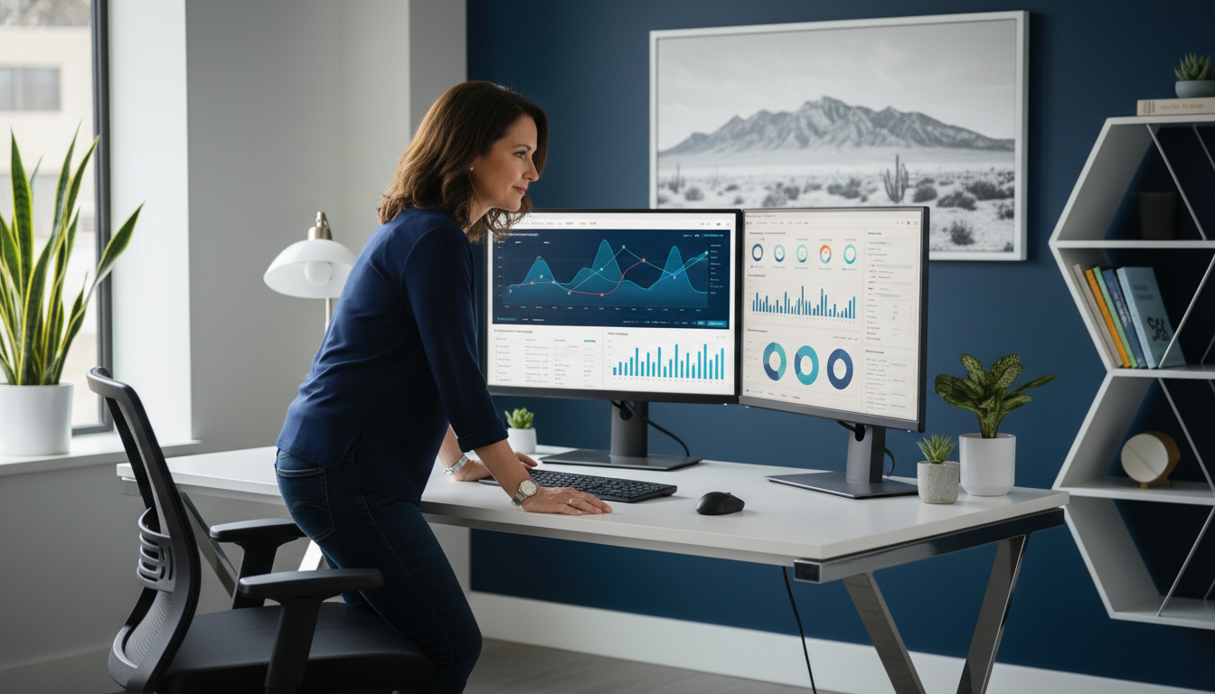 Professional AI SEO strategist reviewing analytics dashboard in modern Hartford CT office environment with data visualizations