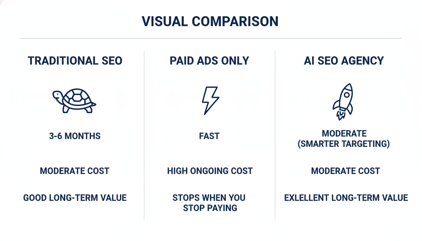 Comparison table of Traditional SEO, Paid Ads Only, and AI SEO Agency approaches with cost and value metrics