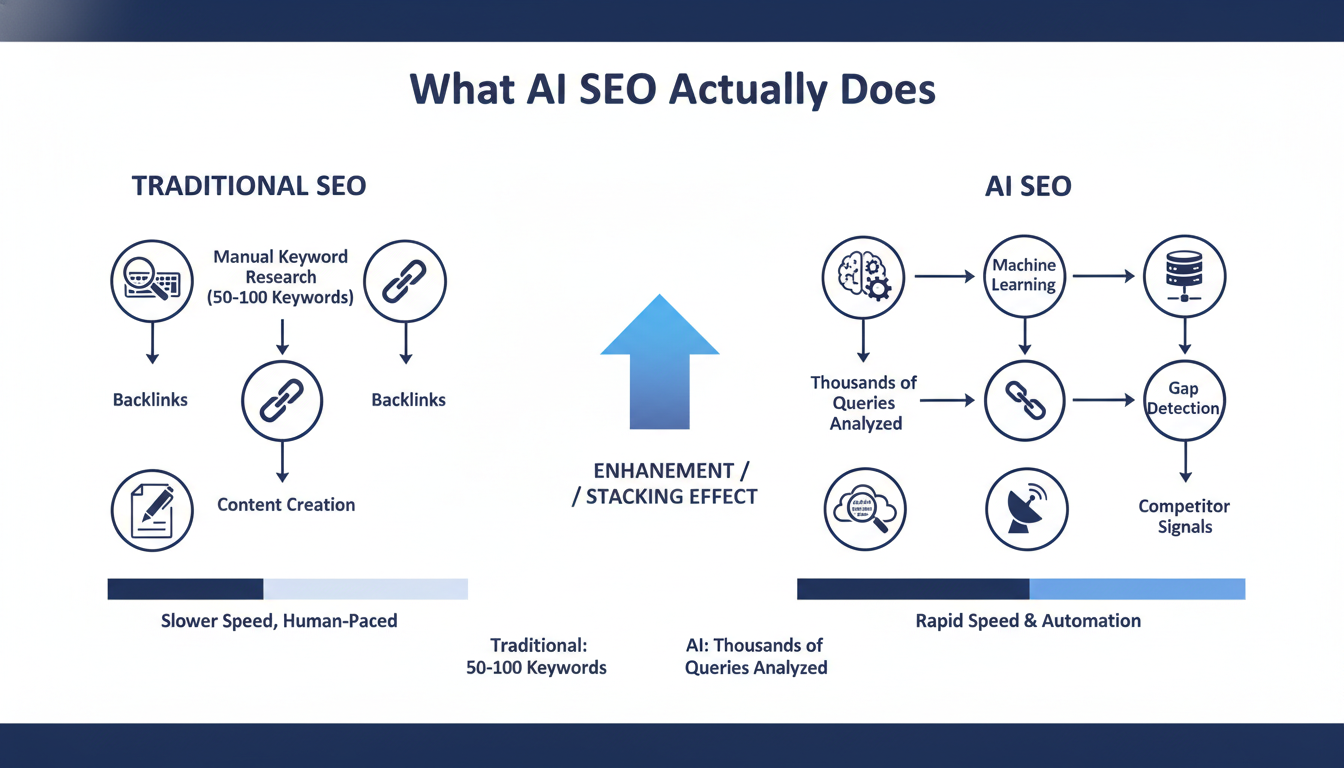 Comparison diagram: Traditional SEO (50-100 keywords) vs AI SEO (thousands of queries analyzed) showing speed advantage