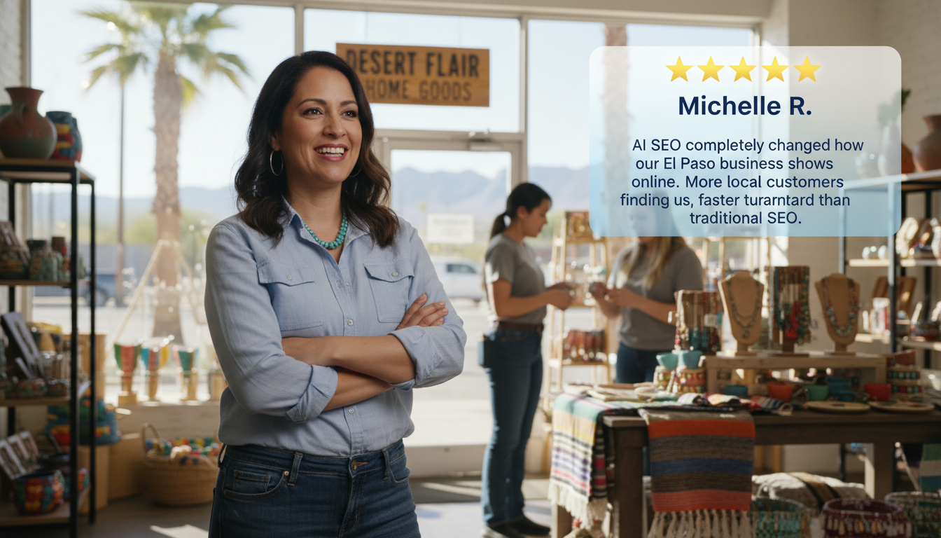Satisfied Hartford business owner in office setting with 5-star review about AI SEO success and local customer growth