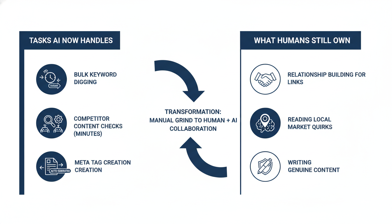 Timeline showing AI-automated SEO tasks (keyword digging, competitor checks, crawls) vs human-owned strategic work