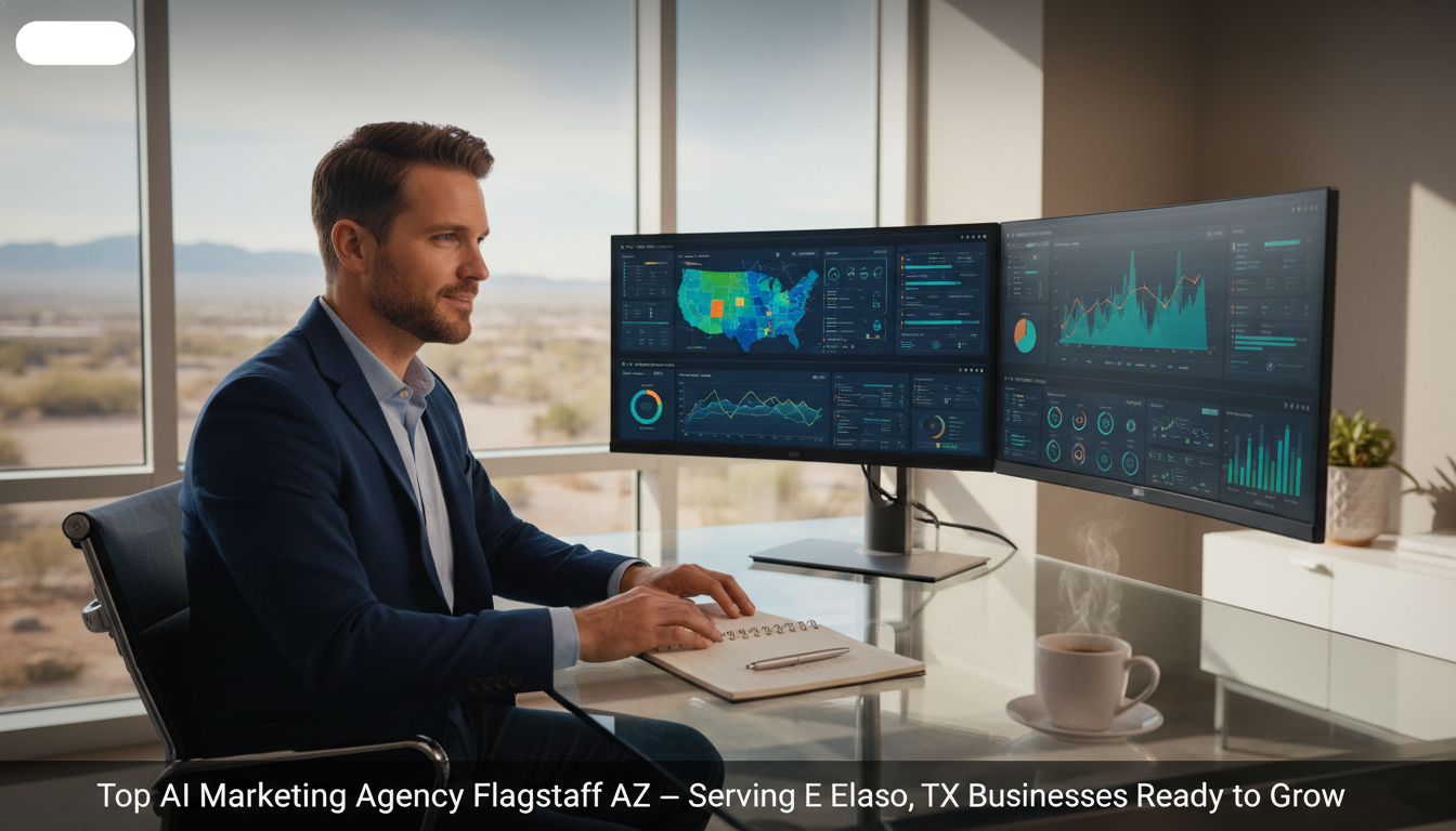 Marketing strategist reviewing AI dashboards in modern El Paso office with natural light and contemporary workspace for AI marketing services.