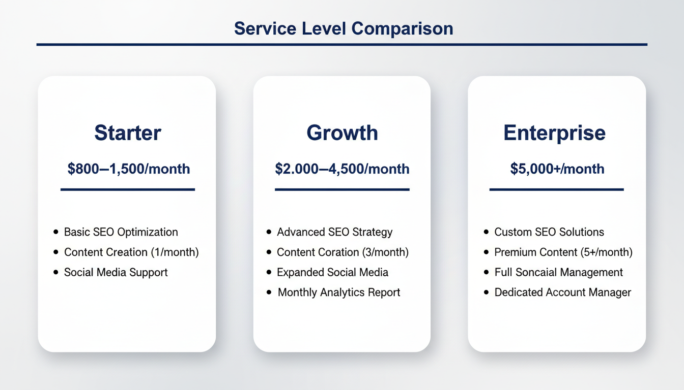 Pricing tier comparison chart showing Starter, Growth, and Enterprise AI marketing service levels for El Paso businesses.