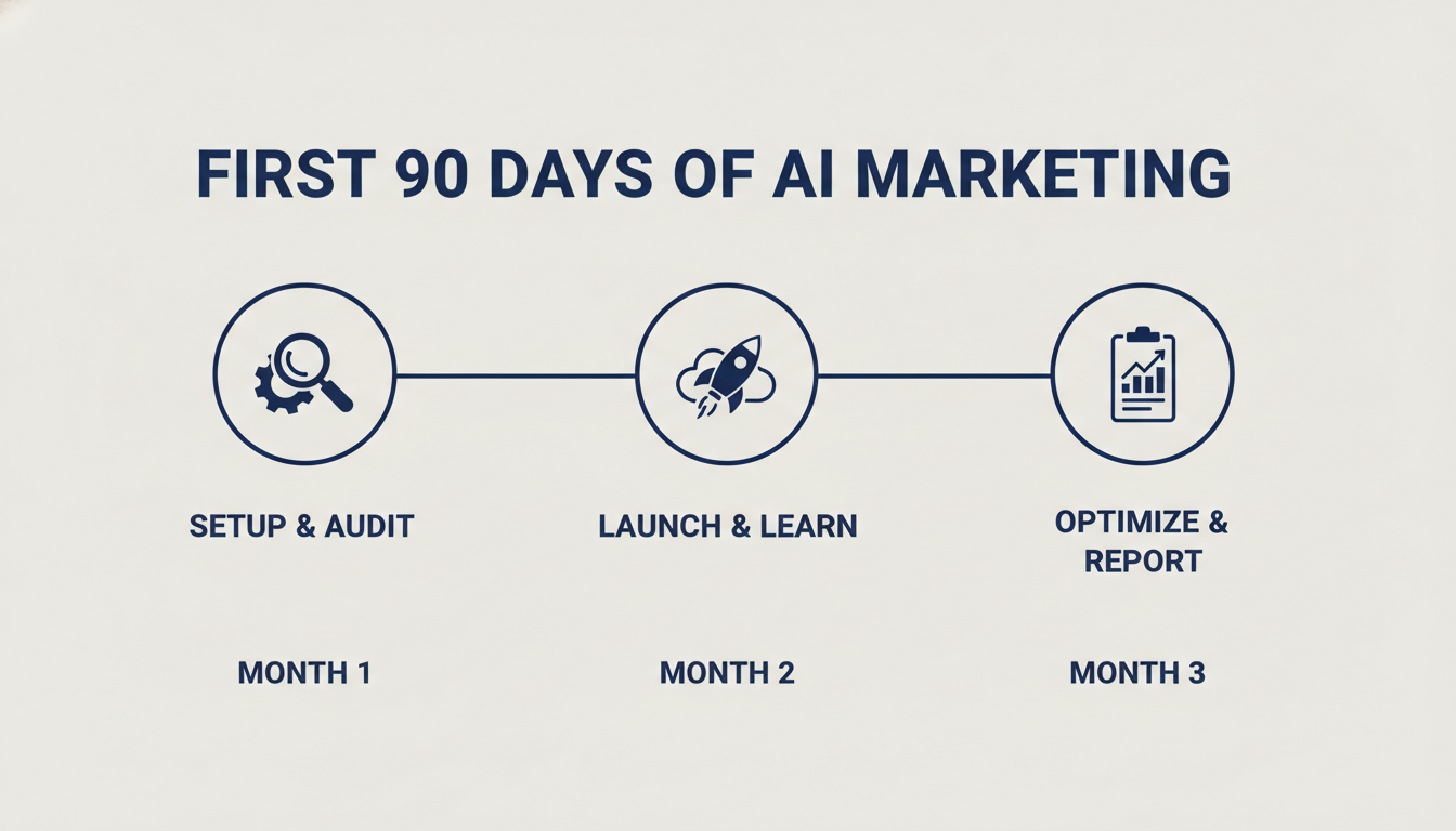 90-day timeline infographic showing setup, launch, and optimization phases for AI marketing implementation in El Paso.