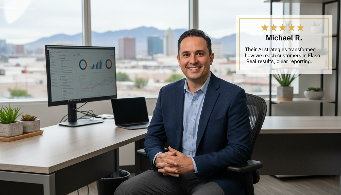 Business owner testimonial with 5-star review praising AI marketing results and clear reporting from El Paso agency services.