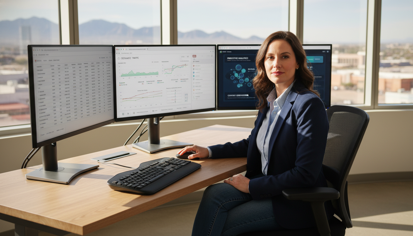 SEO strategist analyzing AI-powered search data on multiple monitors in Riverside office setting