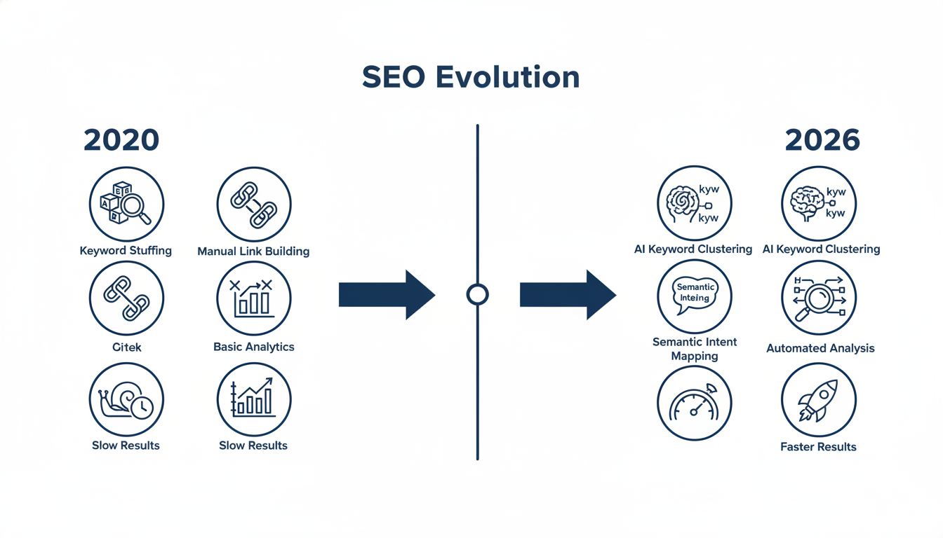 Timeline comparing traditional SEO tactics to AI-powered 2026 SEO strategy evolution