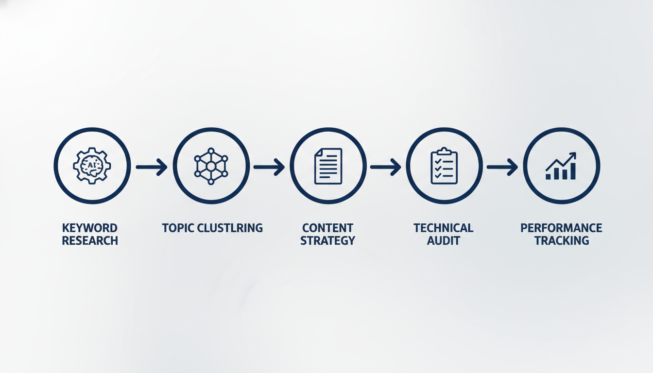 AI-powered SEO workflow process diagram showing five integrated strategy stages