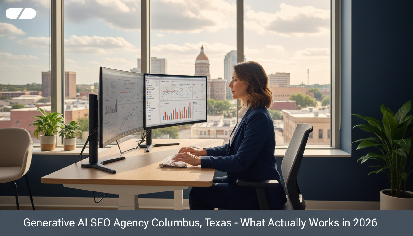 Professional digital strategist working at modern office desk with analytics dashboards, Columbus TX AI SEO agency