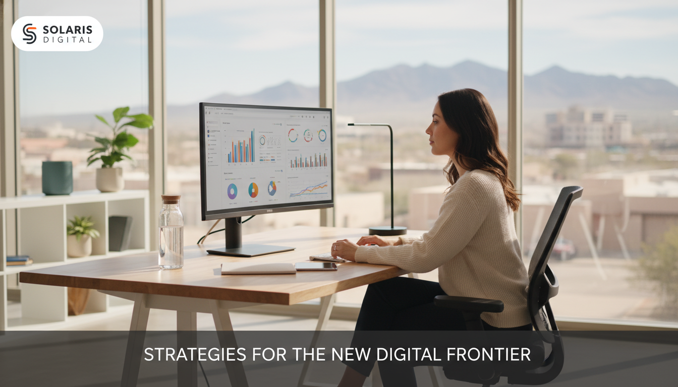 Digital marketer reviewing AI SEO analytics on computer in modern office, Syracuse, NY