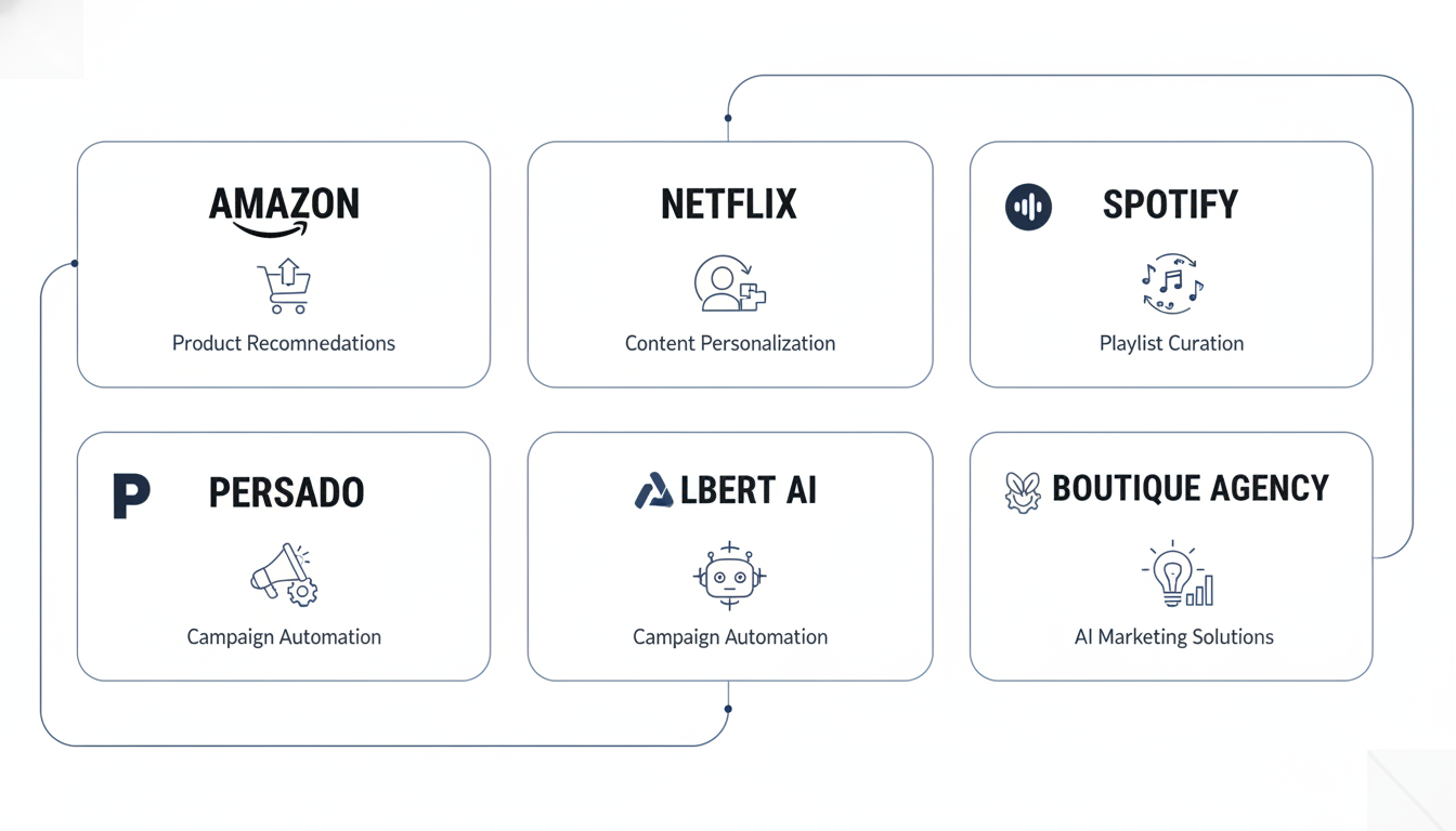 Grid diagram showing major companies using AI: Amazon, Netflix, Spotify, Persado, Albert AI
