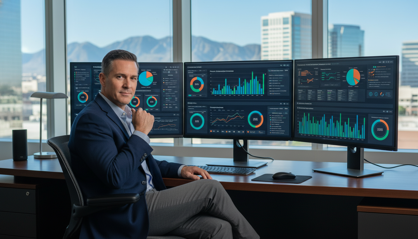 Marketing strategist reviewing AI campaign analytics in modern El Paso office with city skyline view