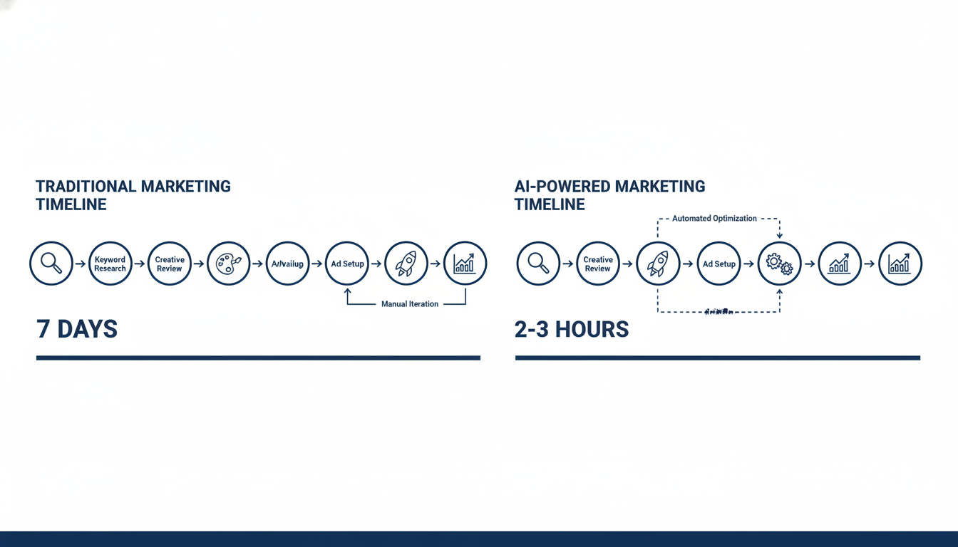 Timeline comparison: traditional marketing 7 days vs AI-powered marketing 2-3 hours
