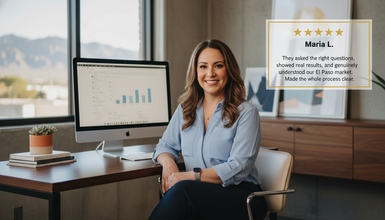 Female business owner testimonial: 5-star review praising agency clarity and El Paso market understanding