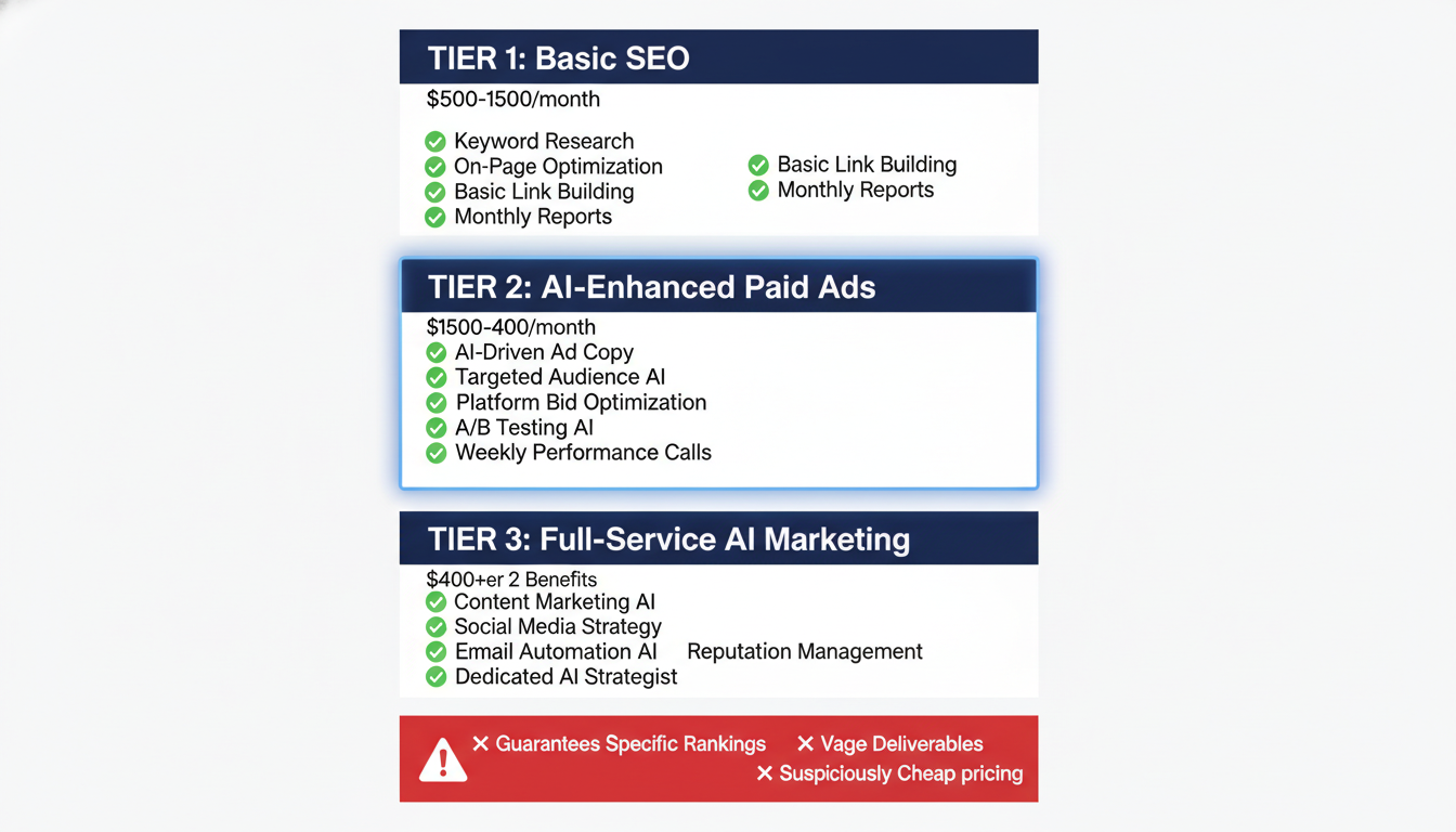 Pricing tier comparison for AI marketing services with red flags for El Paso businesses