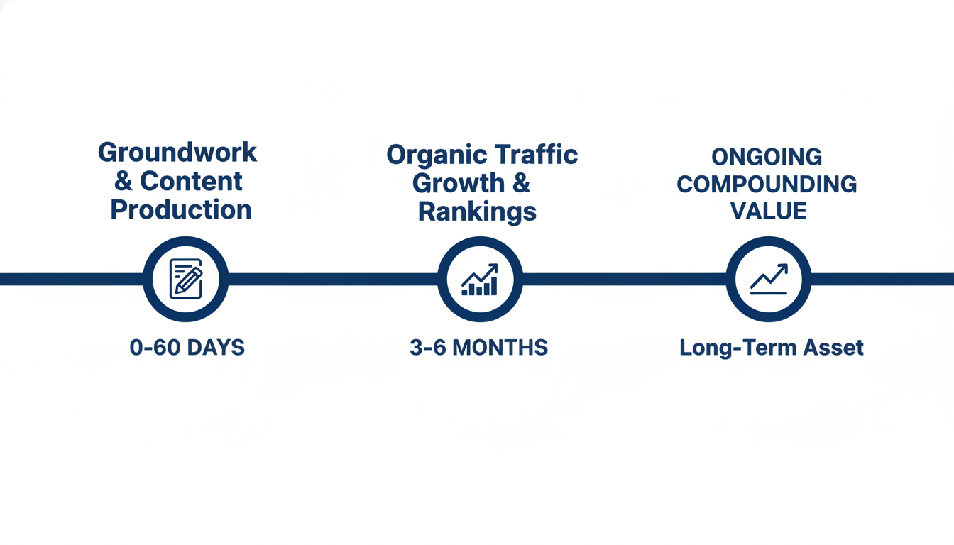 Content marketing timeline: 30-60 day setup, 3-6 month results, ongoing compounding value