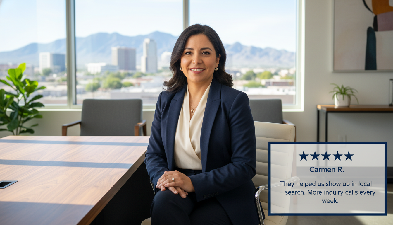 Satisfied El Paso business owner testimonial with five-star review, content marketing success