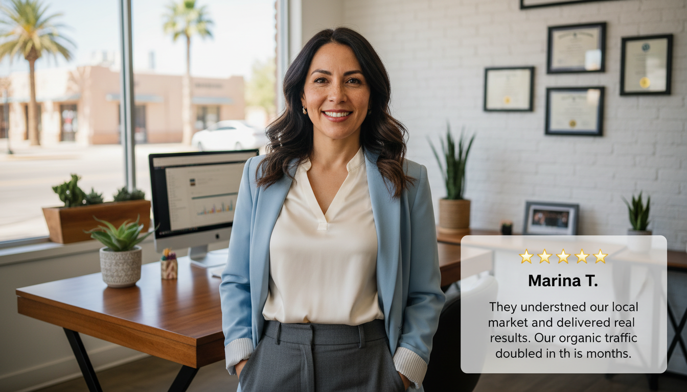 Female business owner in El Paso office with 5-star review: Marina T. on AI SEO company Reading services success