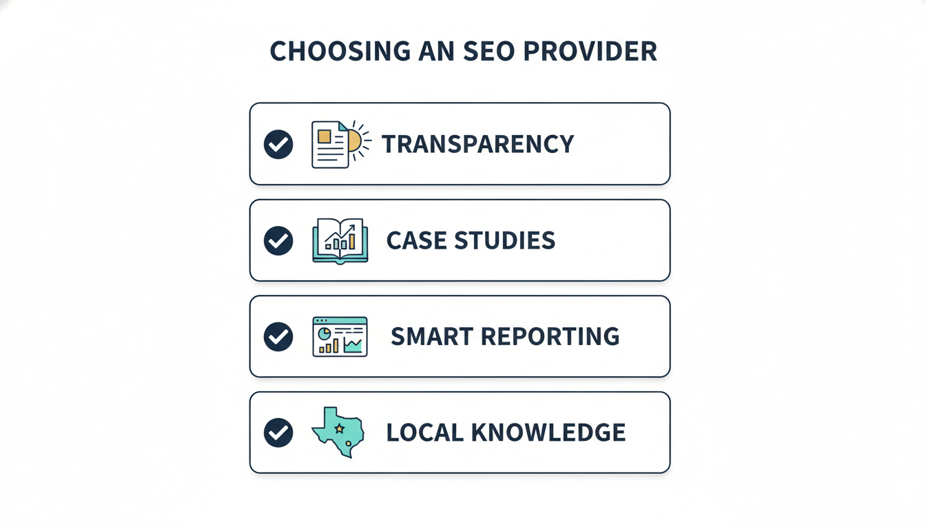 Four-step SEO provider evaluation checklist: transparency, case studies, smart reporting, and local knowledge