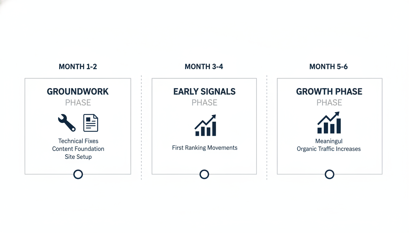 Six-month SEO timeline infographic showing groundwork, early signals, and growth phases for El Paso businesses