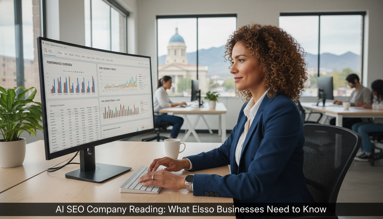 SEO strategist analyzing analytics dashboard in modern El Paso office with search data graphs visible on computer screen