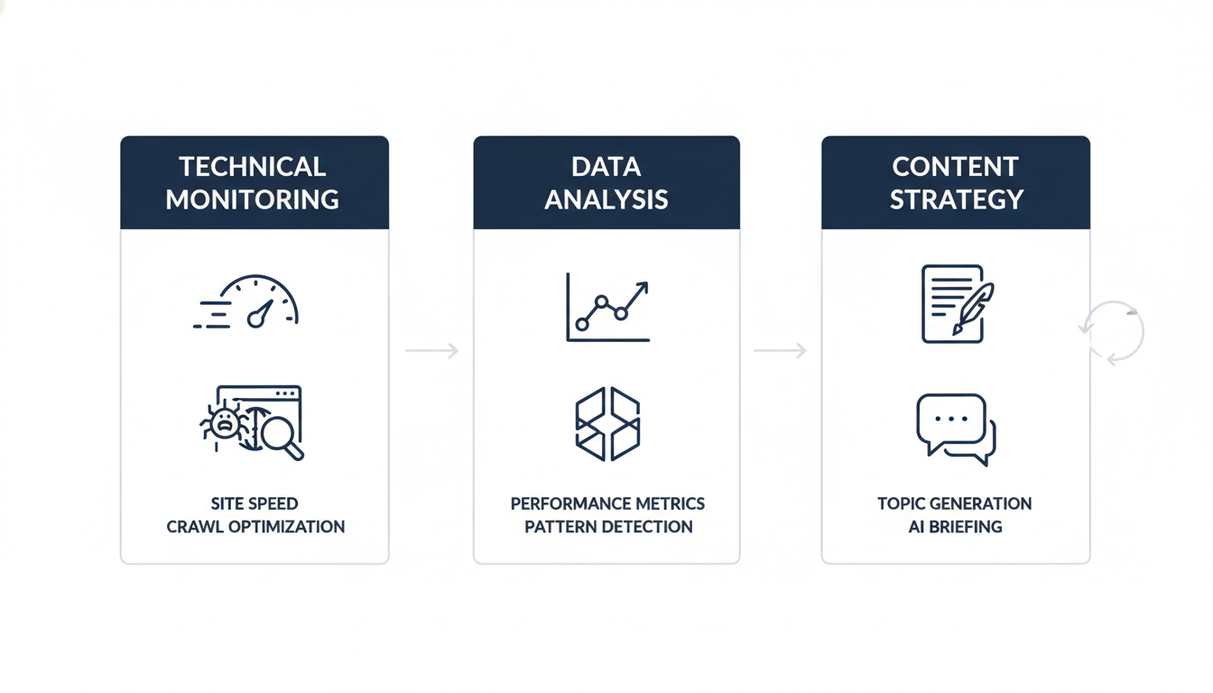 Three-pillar AI SEO infographic showing technical monitoring, data analysis, and content strategy processes