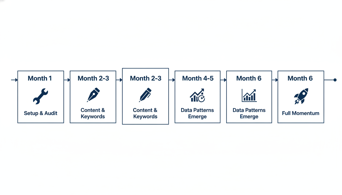 Six-month timeline showing digital marketing milestones from setup through full momentum for Raleigh businesses.