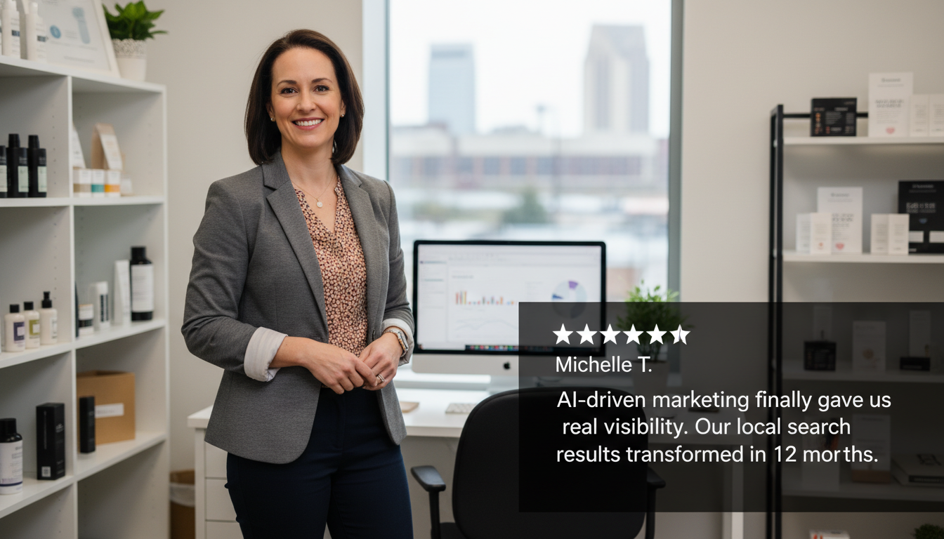 Satisfied female small business owner in Raleigh office with five-star review overlay praising improved local search visibility.
