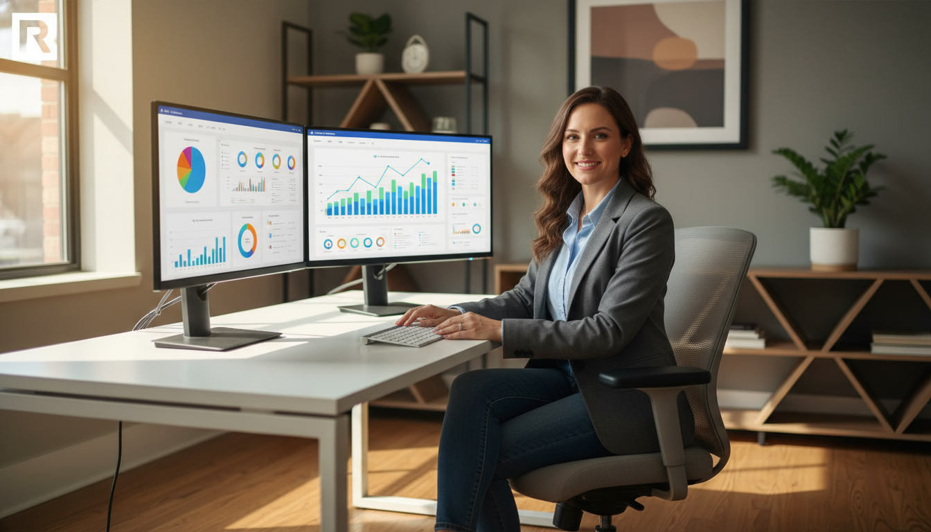 Digital marketer in modern Raleigh office with analytics dashboards on dual monitors showing business growth data.