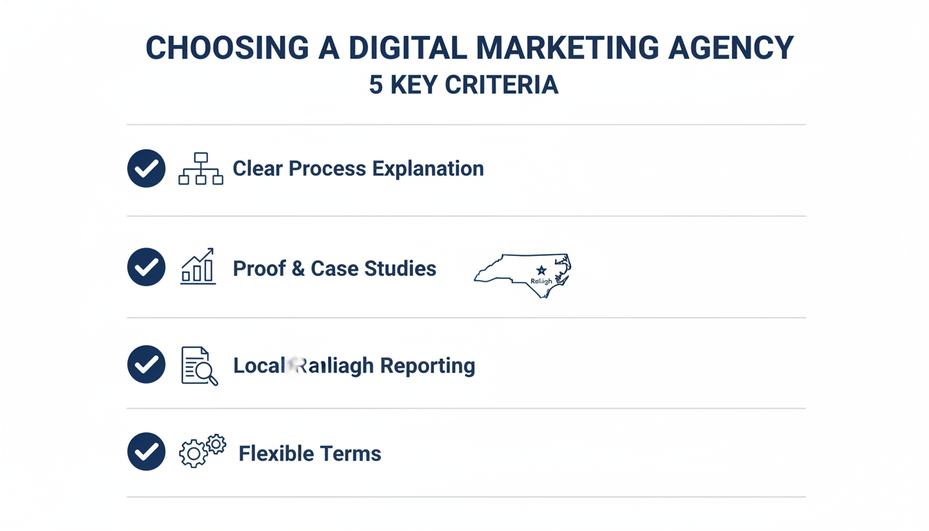 Checklist of five key criteria for choosing a digital marketing agency in Raleigh with clear, transparent practices.