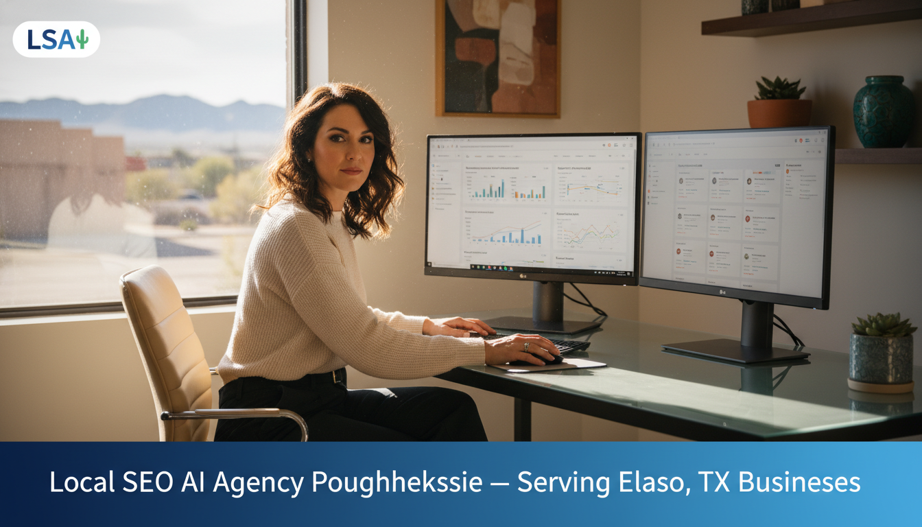 Digital marketing strategist analyzing local SEO analytics in modern El Paso office with dual monitors displaying search data