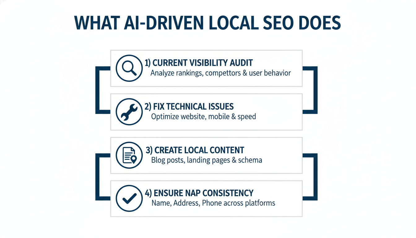 Infographic showing 4 steps of AI-driven local SEO: audit visibility, fix technical issues, create local content, ensure NAP consistency