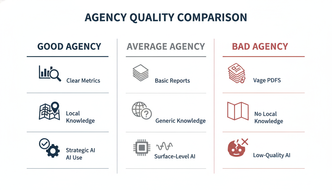 Agency quality comparison chart: Good vs Average vs Bad across reporting, local knowledge, and AI use factors