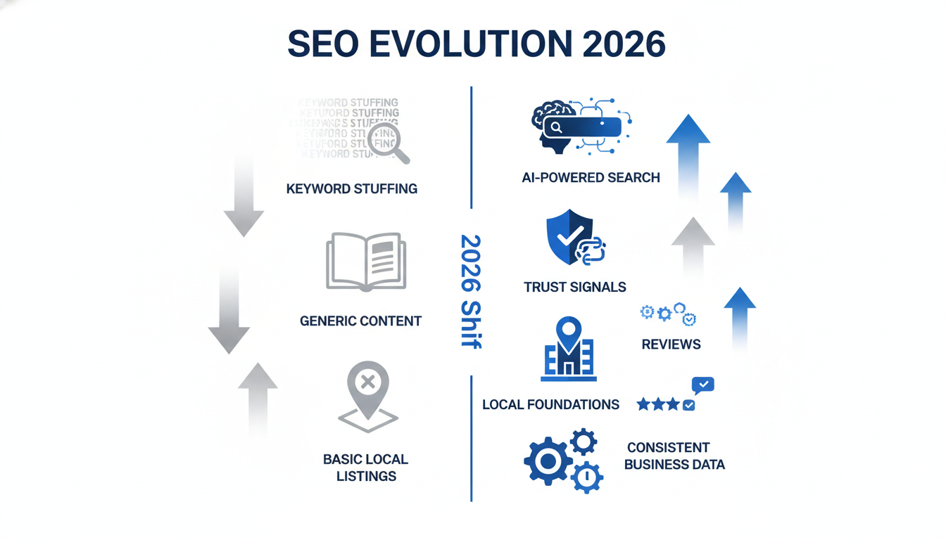 Visual comparison diagram showing SEO evolution from declining old tactics to thriving 2026 strategies and local foundations