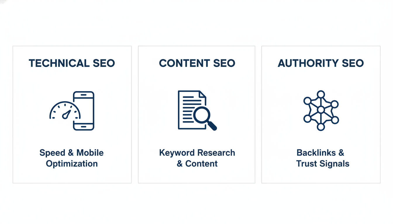 Three pillars of SEO: Technical, Content, and Authority for El Paso SEO strategy