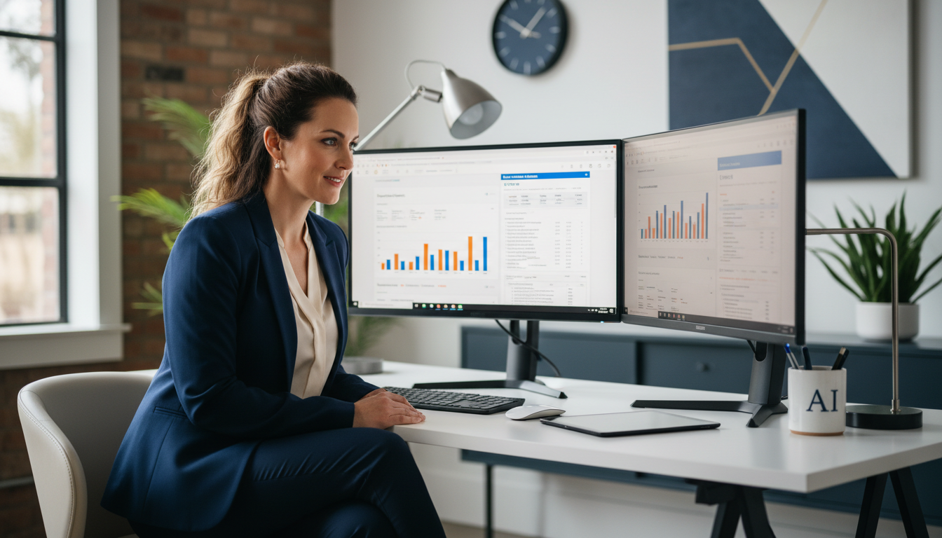 SEO strategist analyzing data on multiple monitors in Nashville office for El Paso SEO services