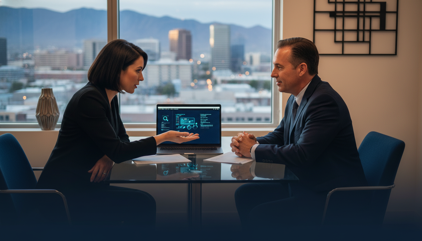 Female AI SEO strategist consulting with business client in modern office, El Paso GEO services