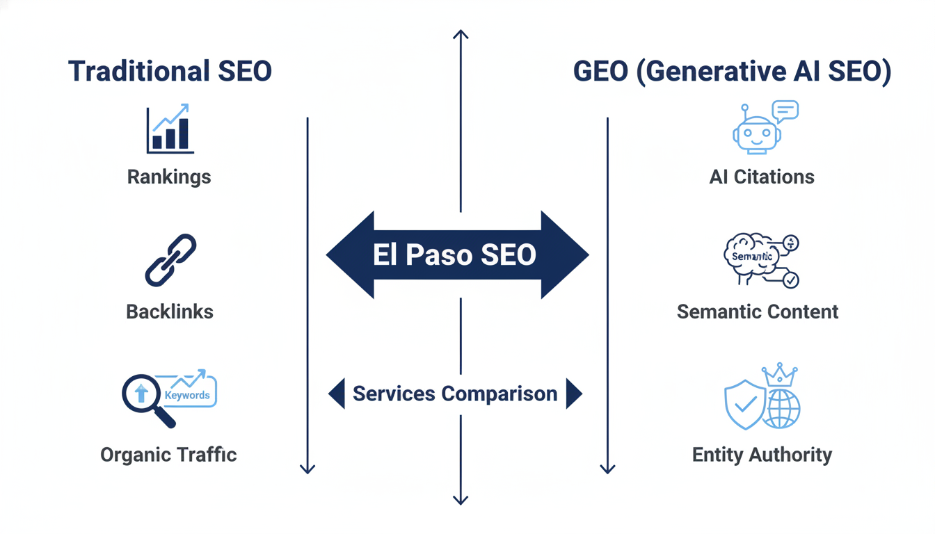 Traditional SEO vs GEO comparison diagram: rankings vs AI citations, El Paso search strategy