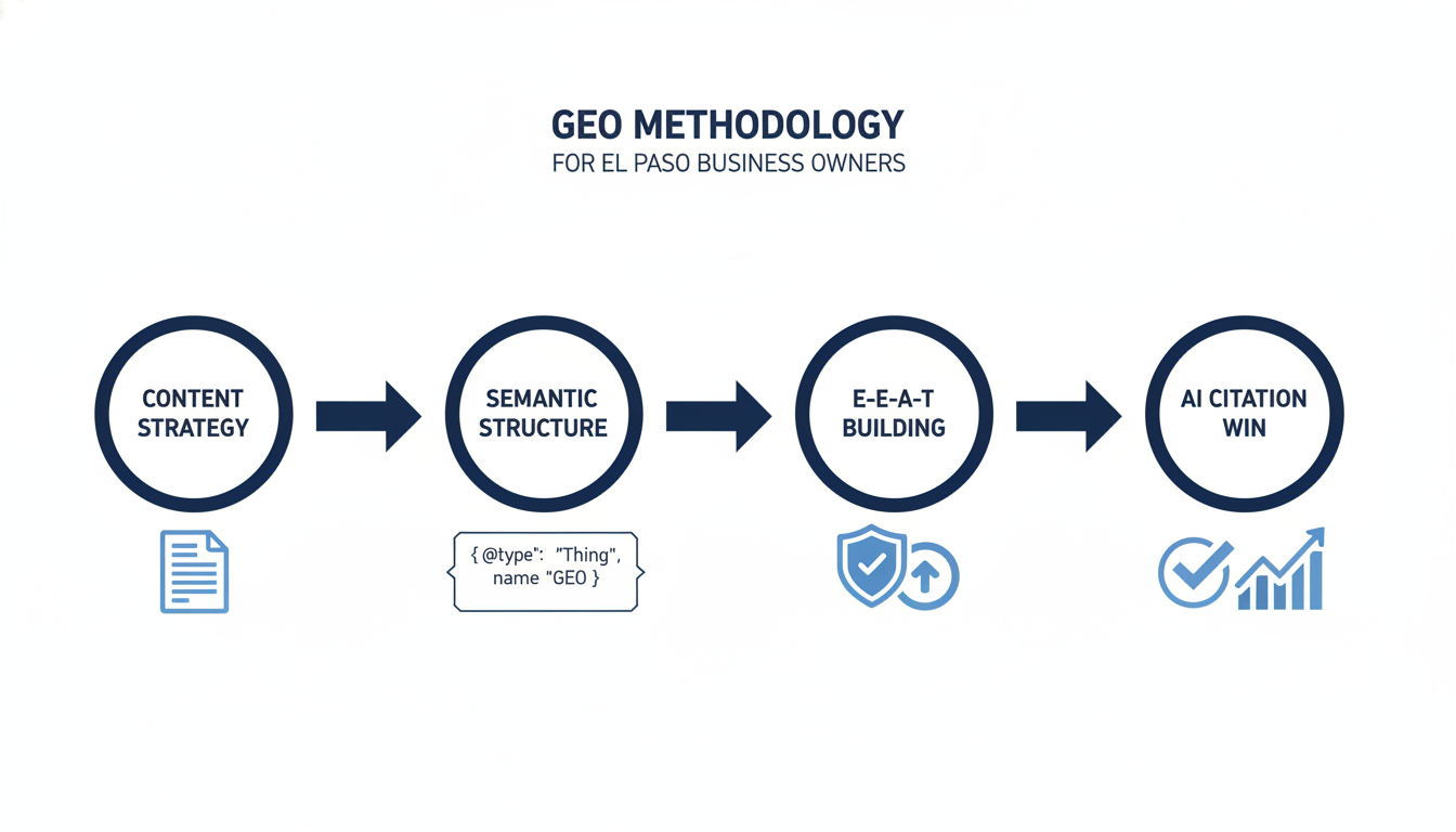 4-step GEO process flow: content strategy, structure, E-E-A-T, AI citations for El Paso