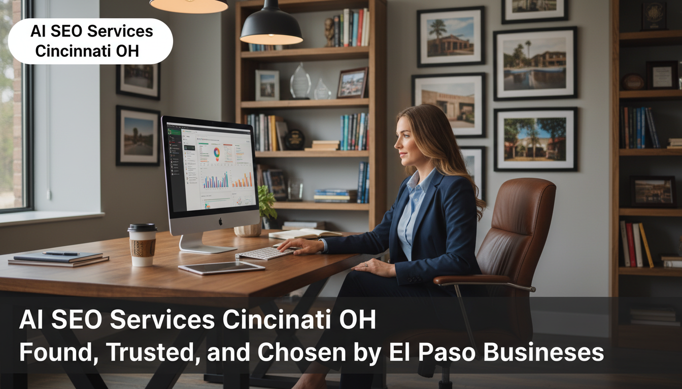 SEO strategist reviewing analytics in modern El Paso office for AI SEO Services