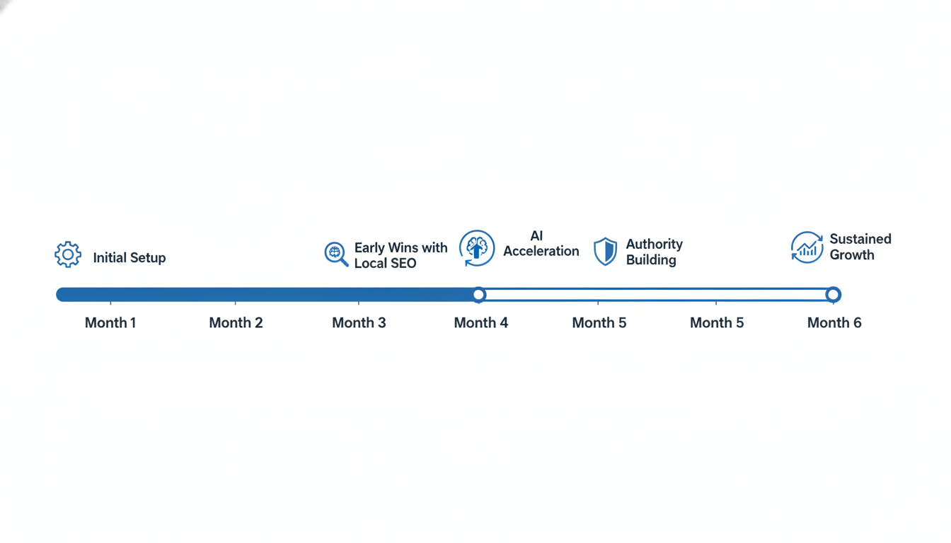 Six-month SEO results timeline showing progression from setup to sustained growth in El Paso